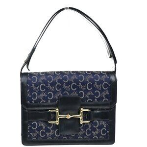 CELINE Logo C Macadam Horse Carriage Shoulder Bag Canvas Leather Navy 31CA386